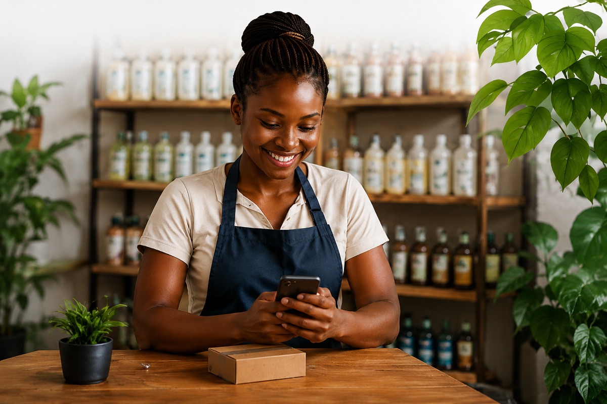 A shop owner managing her Afilago store from her phone